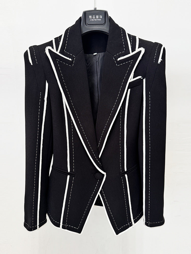 Solid Color Contrast Fringe Bead Line Jacket