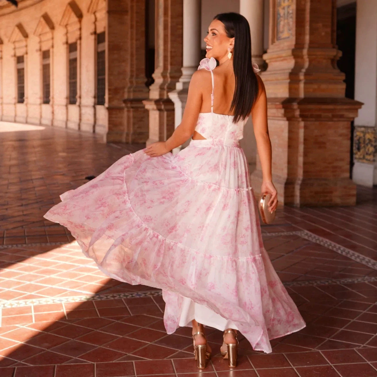 Summer Vacation Chiffon Printed Backless V Midi Dress