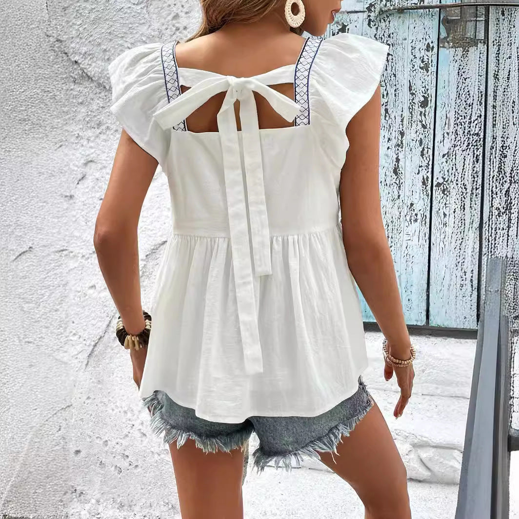 Summer Embroidery Tie Neck Square Top