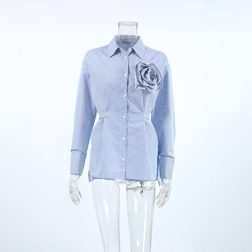 Autumn Casual Striped Blue Floral Shirt - Venus Trendy Fashion Online