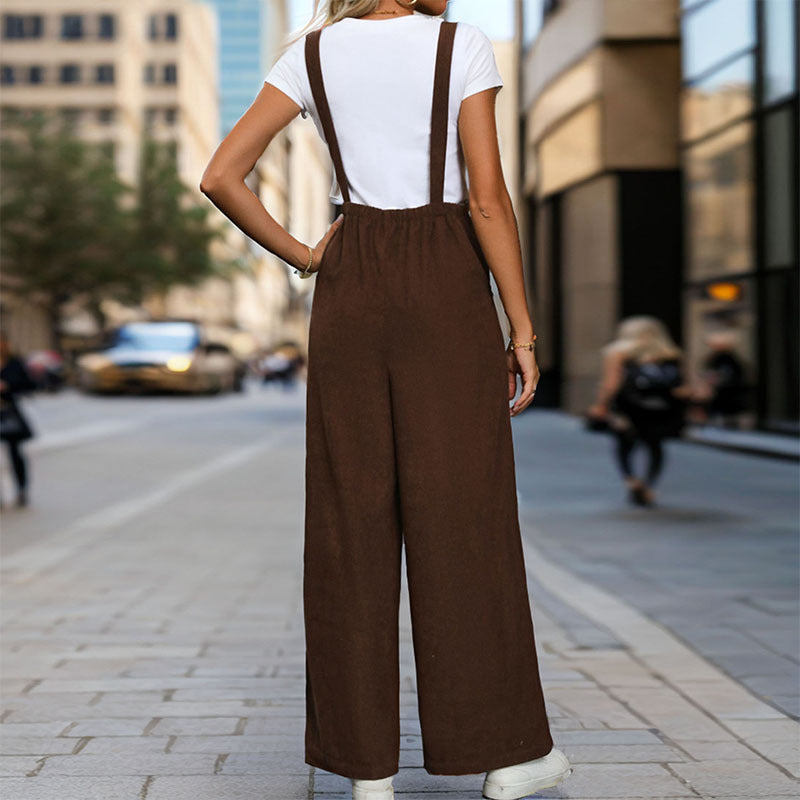 Women Maillard Solid Color Corduroy Suspender Pants