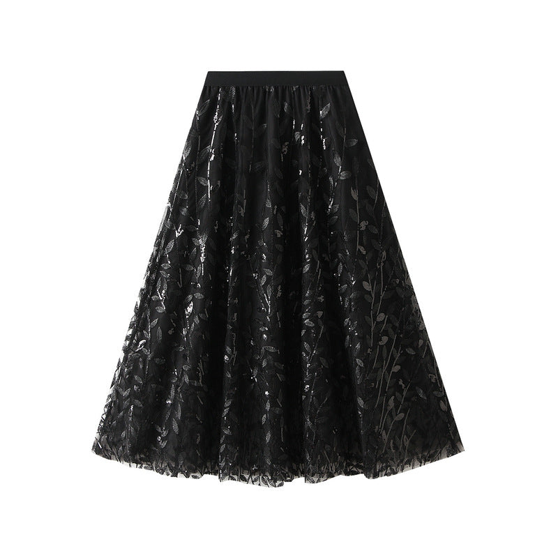 Glitter Leaves Embroidered Long Skirt - Venus Trendy Fashion Online