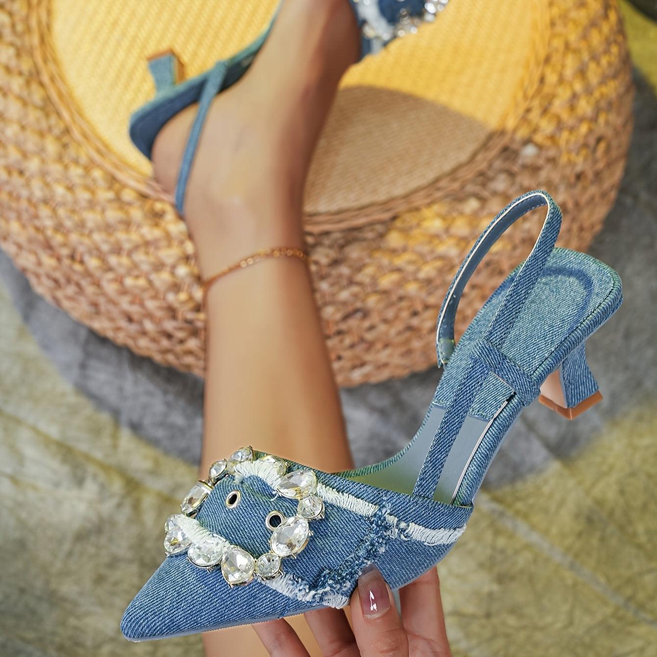 Rhinestone Pointed Denim Sandals - Venus Trendy Fashion Online