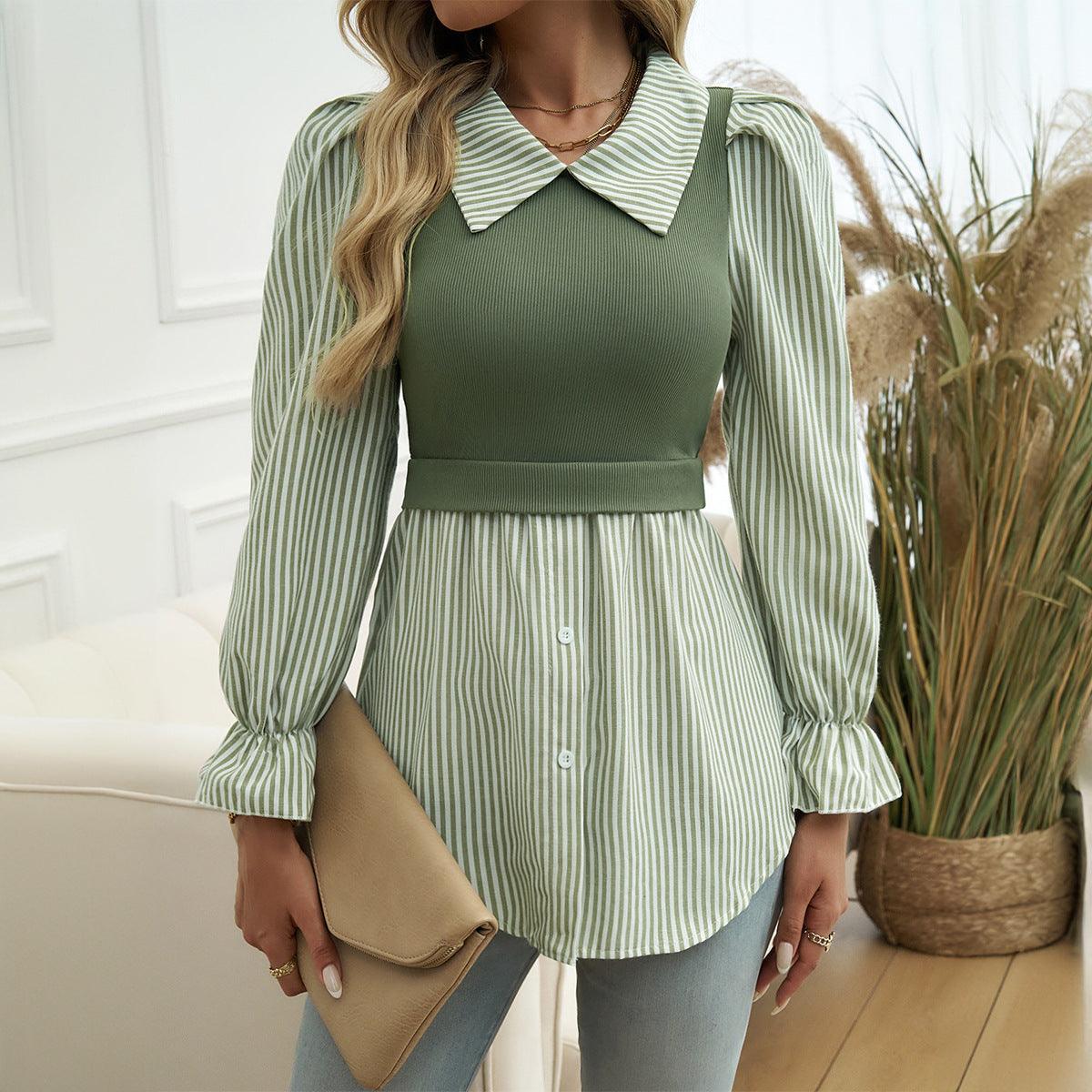 Women Bubble Sleeve Casual Color Contrast Patchwork Shirt - Venus Trendy Fashion Online