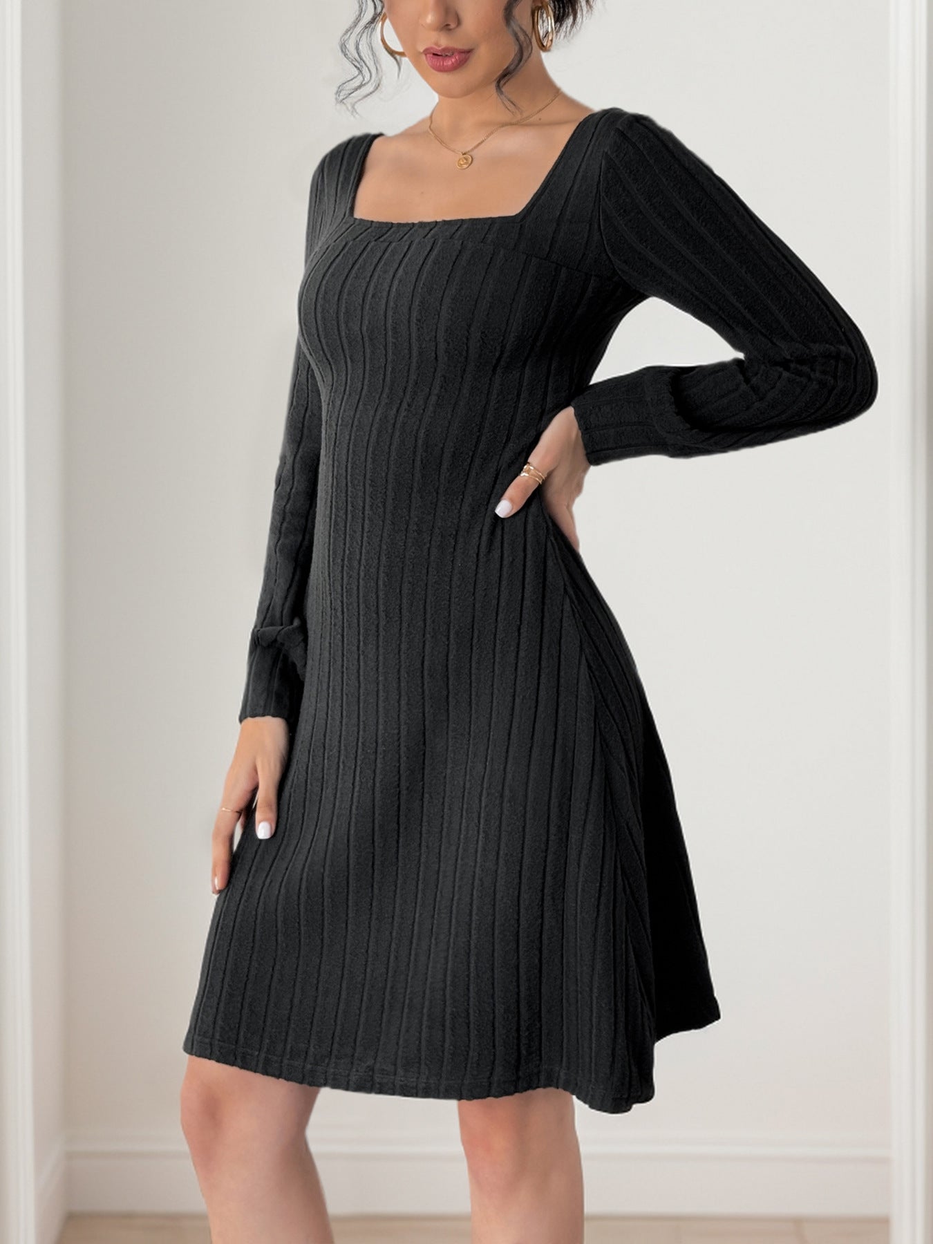 Knitted Brushed Sunken Stripe Split V neck Dress