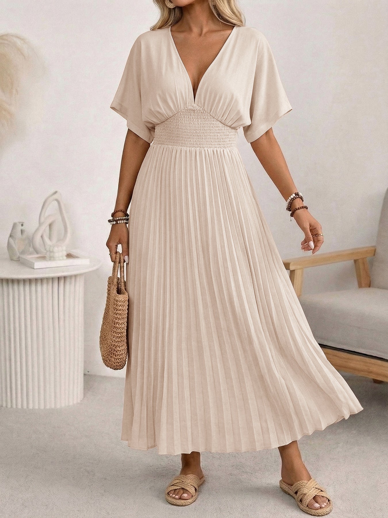 Casual Simple Solid Color V neck Pleated Puffy Dress