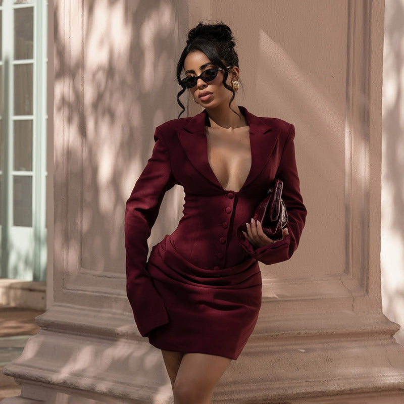 Women Sexy Deep V Plunge neck Buttons Solid Color Dress