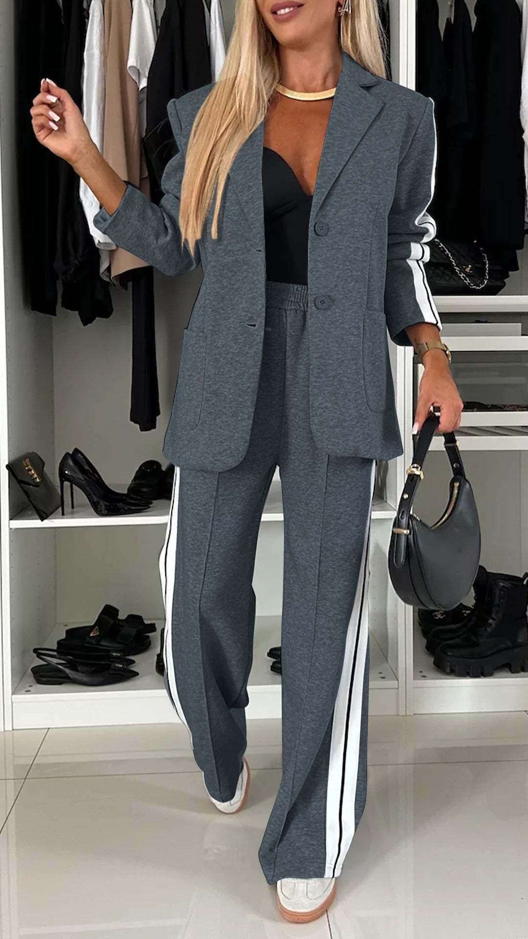 Women Long Sleeve Collared Casual Suit - Venus Trendy Fashion Online