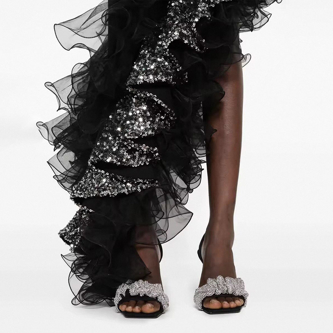 Ruffled Black Mesh Asymmetric Dress