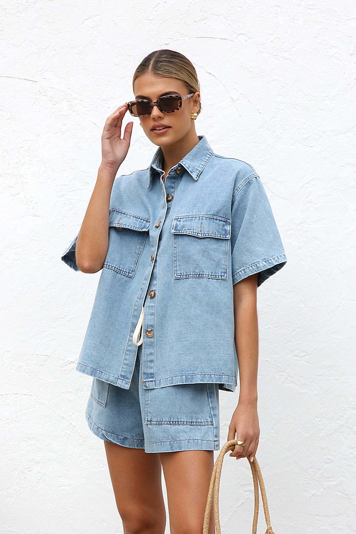 Women Casual Short Sleeved Shirt Denim Two Piece Set