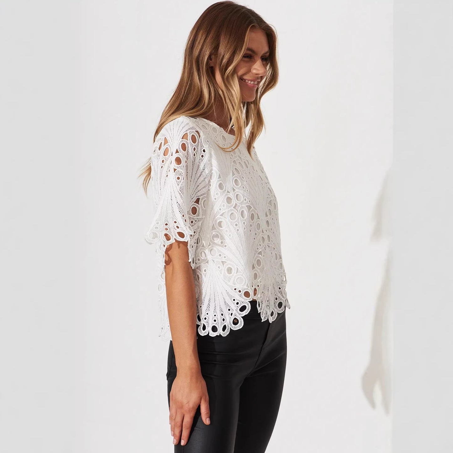 Hollow Out Cutout Crocheted Fringed Shirt