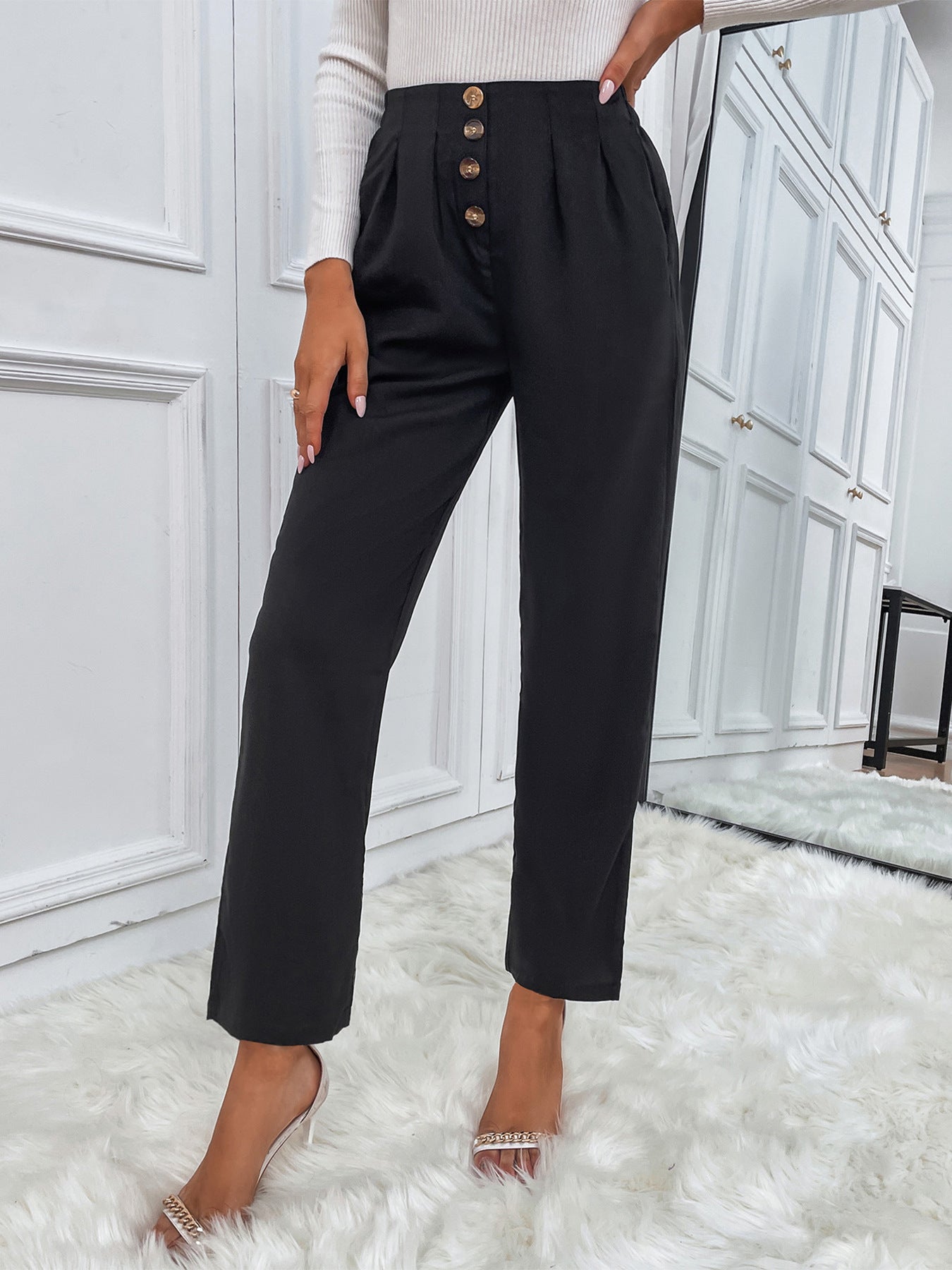 Casual Cropped Solid Color Loose Straight Pants