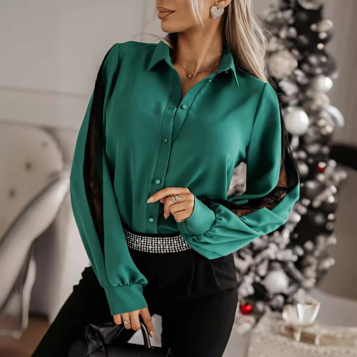 Women Summer Mesh Stitching Long Sleeved Shirt