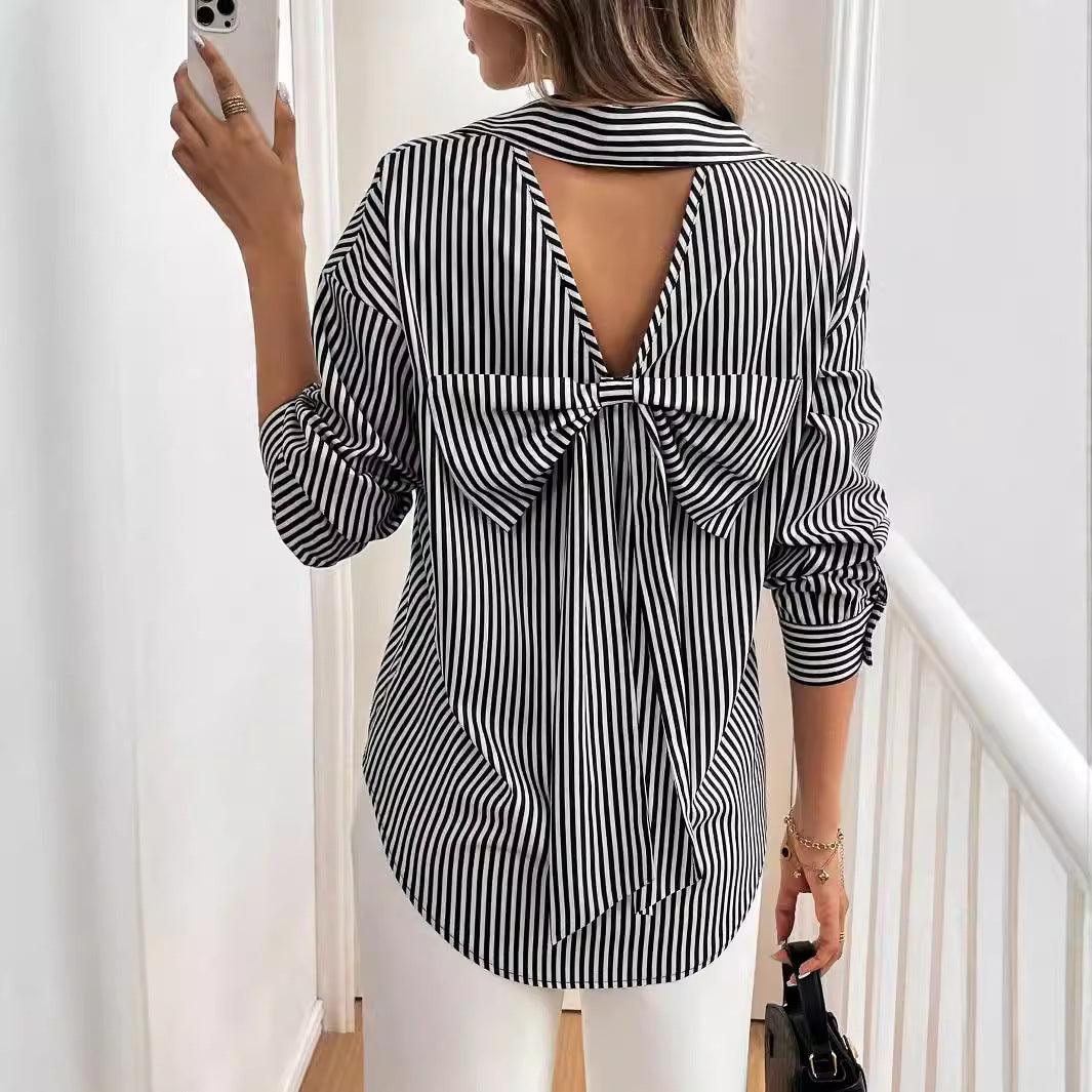 Elegant Women Striped Printed Long Sleeve Shirt - Venus Trendy Fashion Online