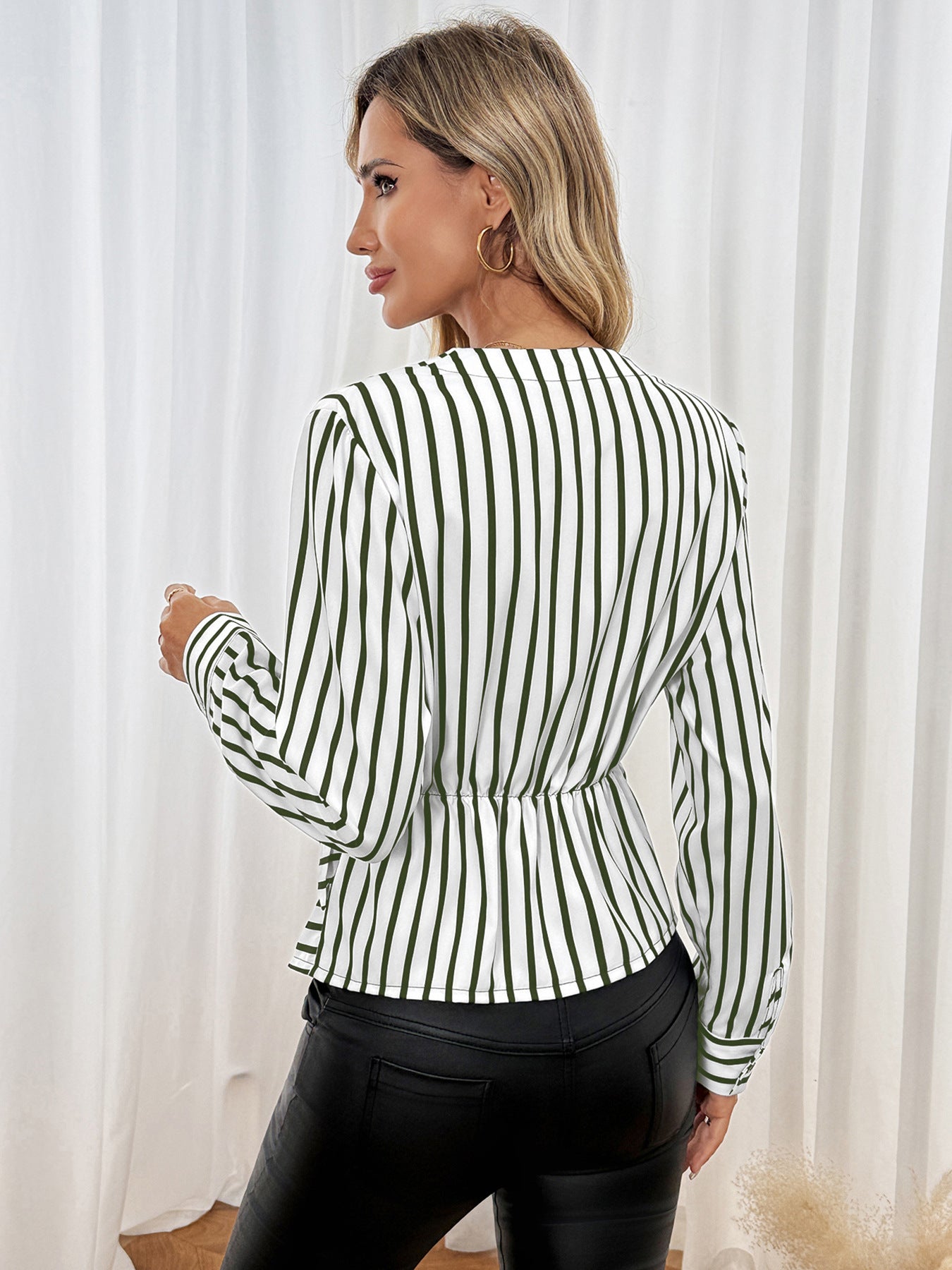Casual Long Sleeve Cinched Striped V neck Shirt