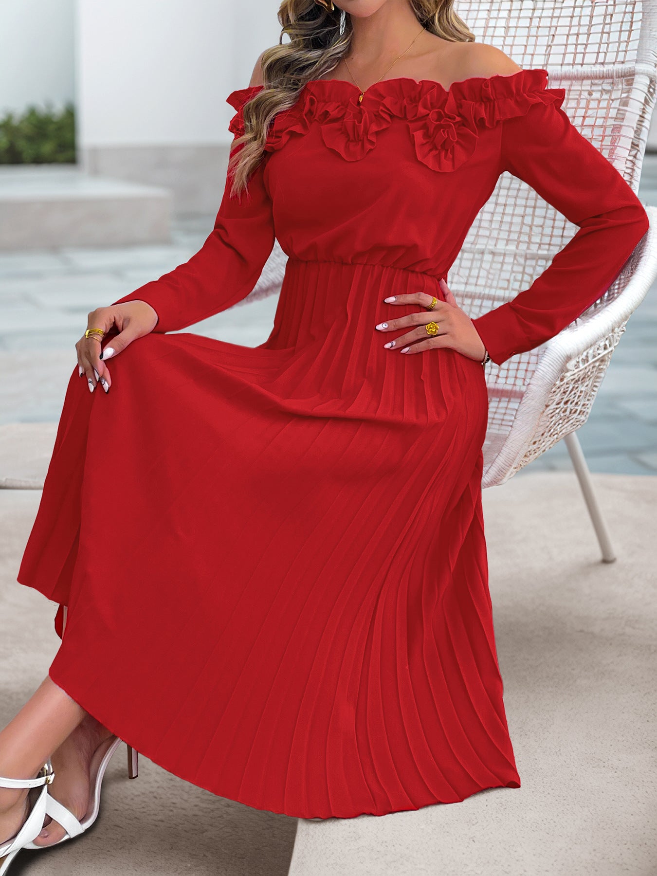 Elegant Sweet off Shoulder Long Sleeve Solid Color Dress