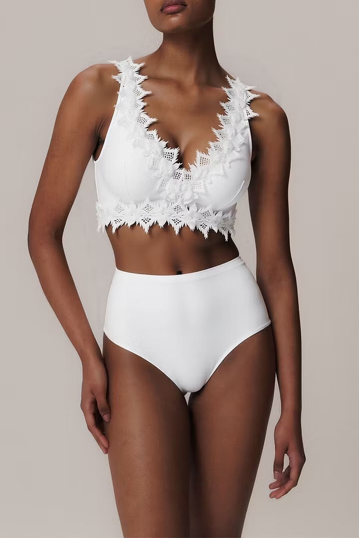 French White Lace Ruffled High Waist Split Swimsuit