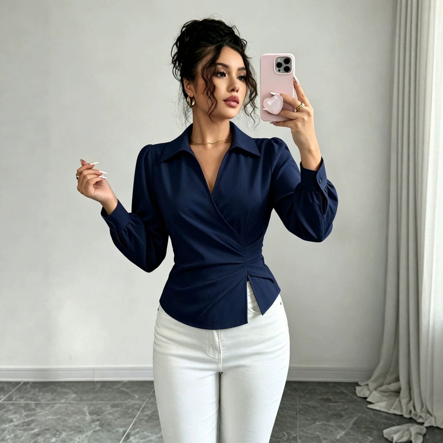 French Collared V neck Cross Wrap Waist Shirt