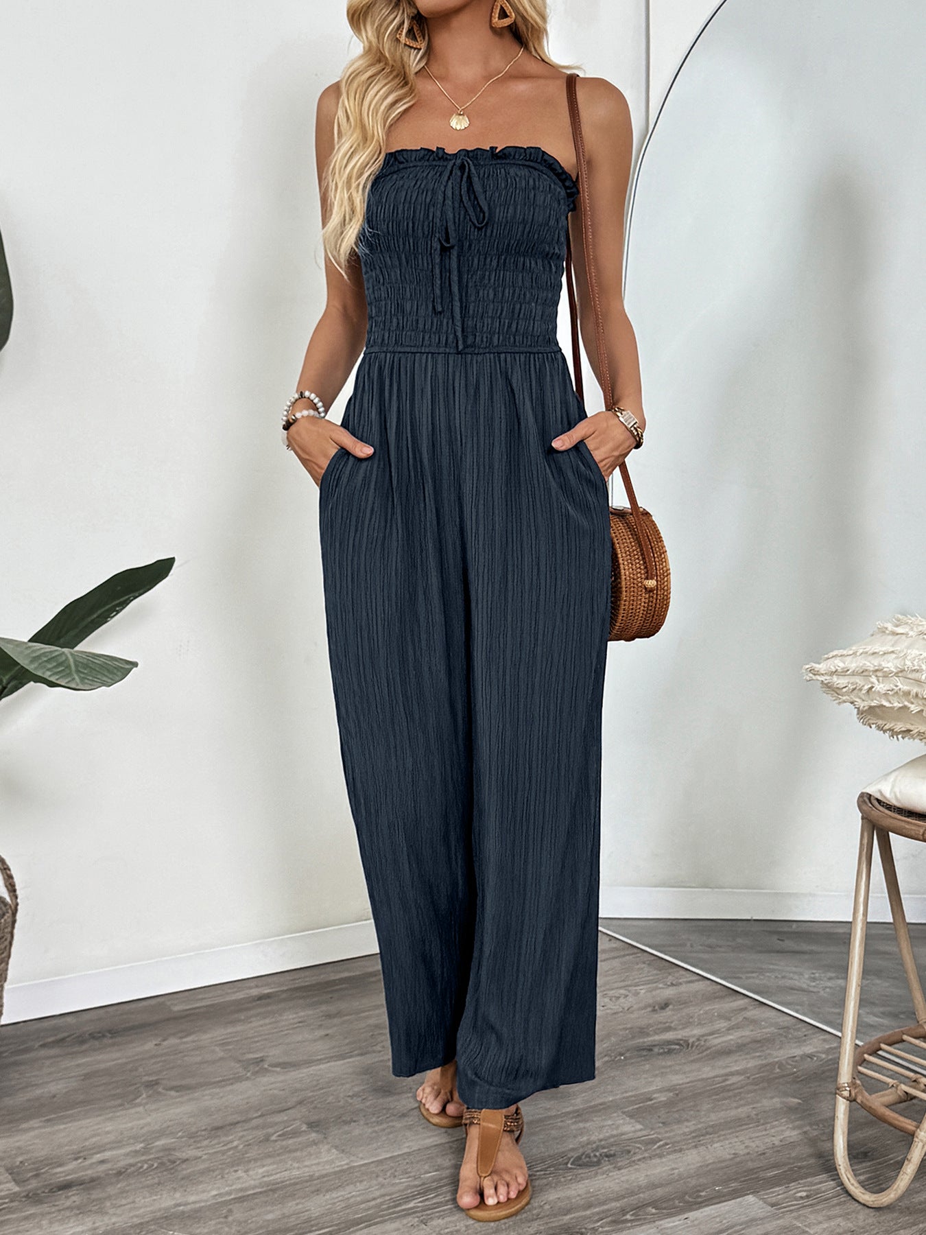 Elastic Waist Solid Color Tube Top Straight Jumpsuit