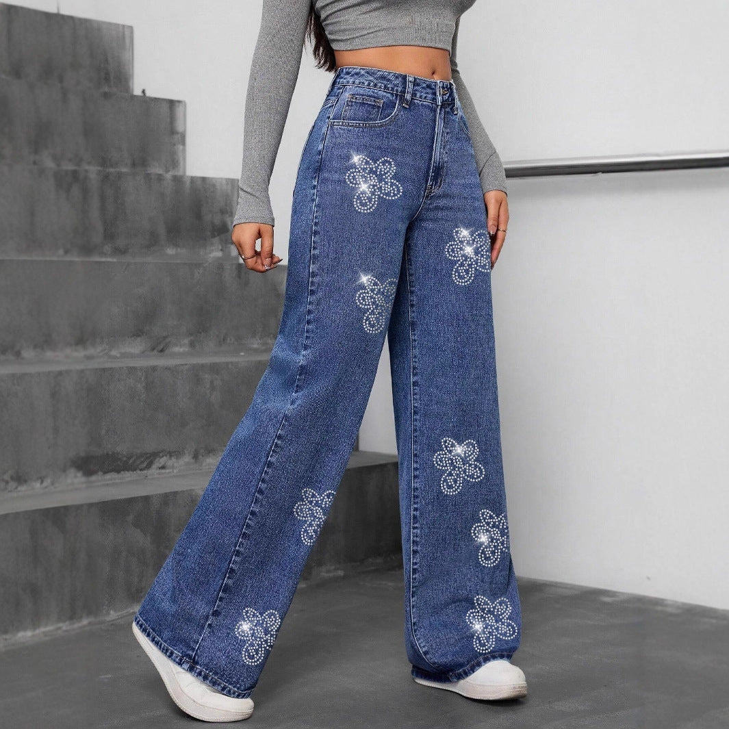 Women Autumn Floral Rhinestone Loose Straight Leg Jeans