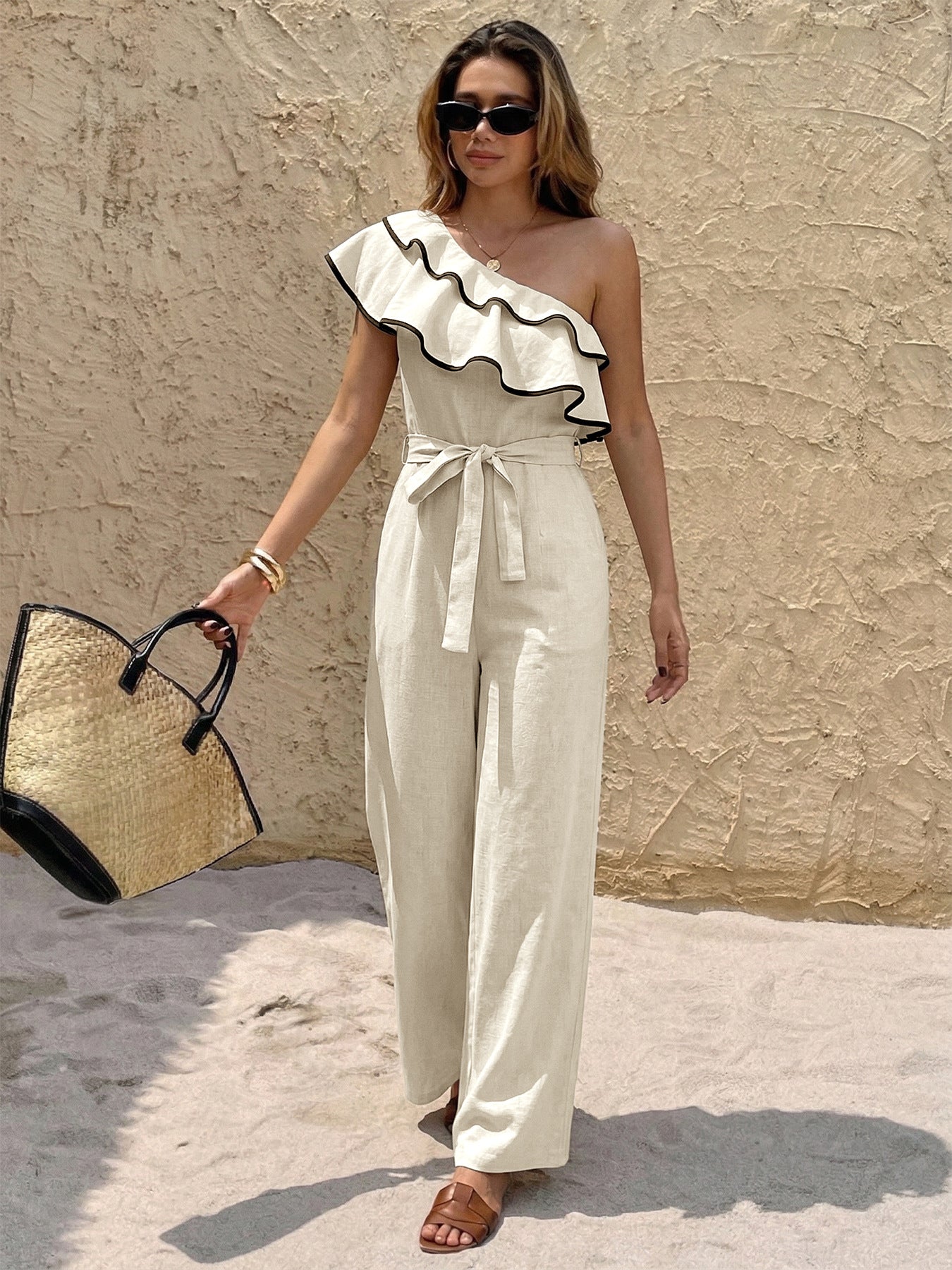 One Shoulder Ruffled Fitted Waist Jumpsuit