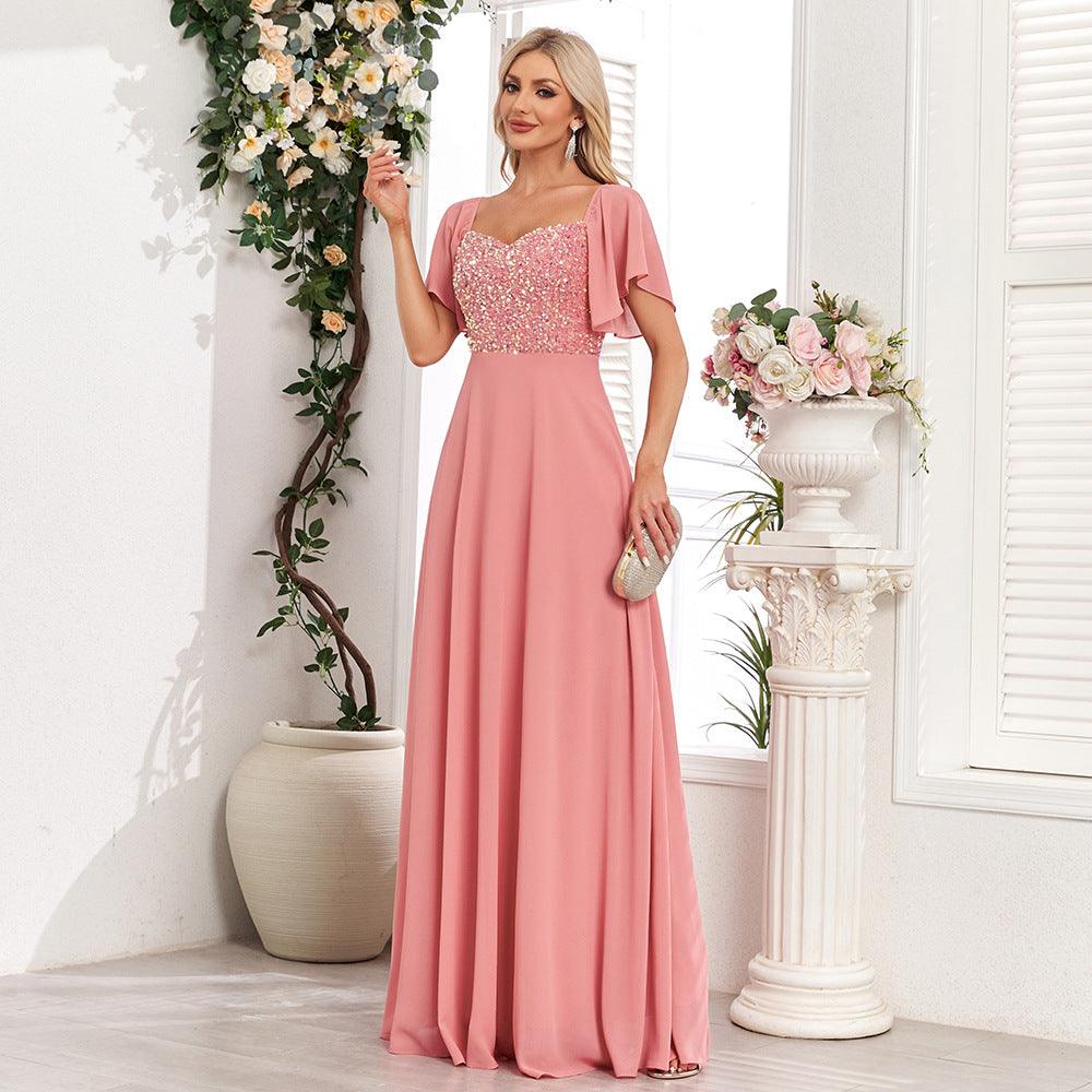 Square Collar Short Sleeve Backless Pink Evening Dress - Venus Trendy Fashion Online