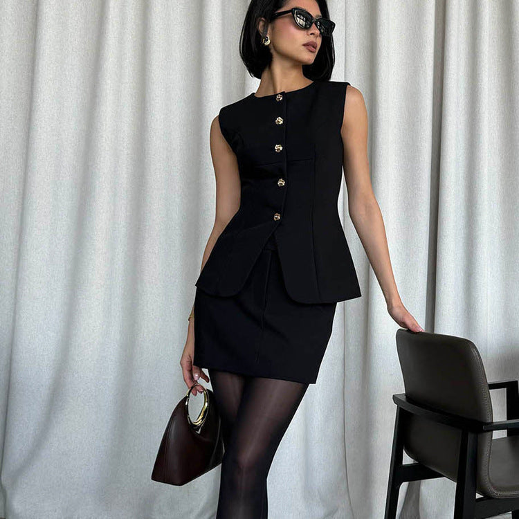 Women Arrival round Neck Sleeveless Top Skirt Two Piece Set