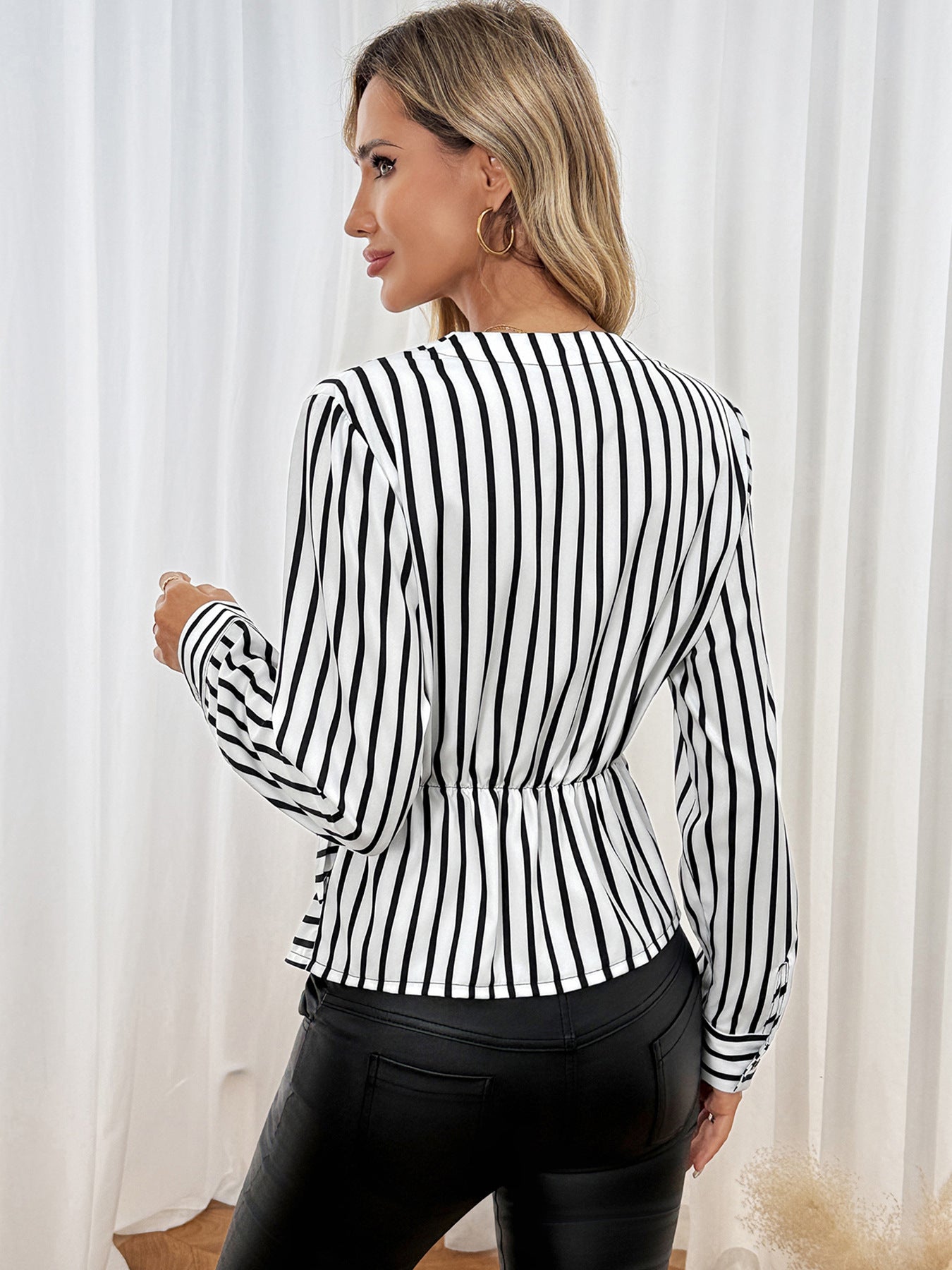 Casual Long Sleeve Cinched Striped V neck Shirt