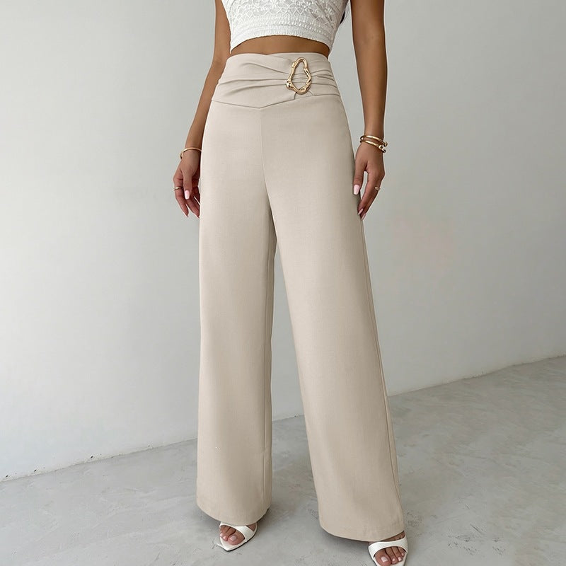 Women High Waist Metal Decoration Straight Leg Pants