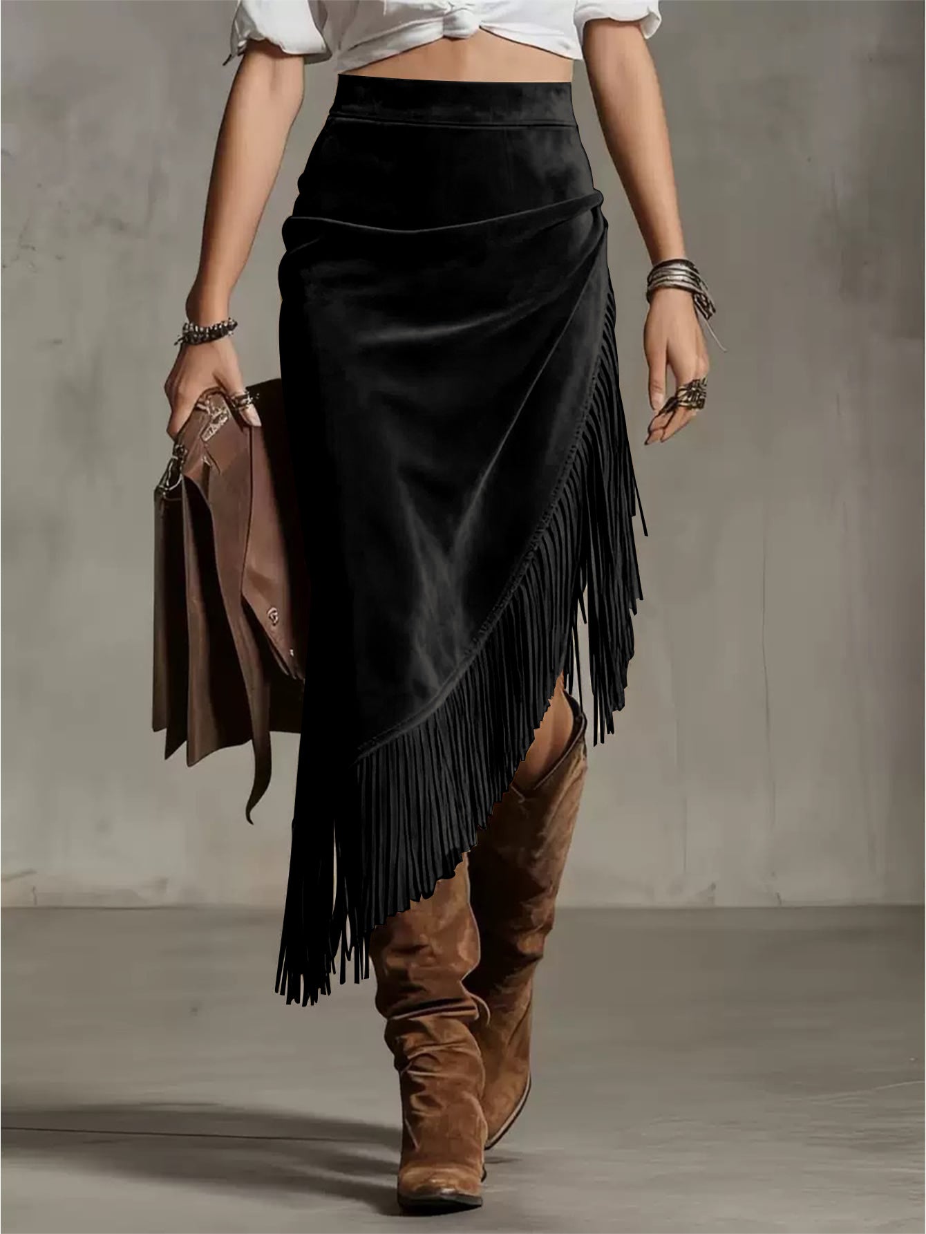 Retro Western Irregular Asymmetric Design Suede Skirt