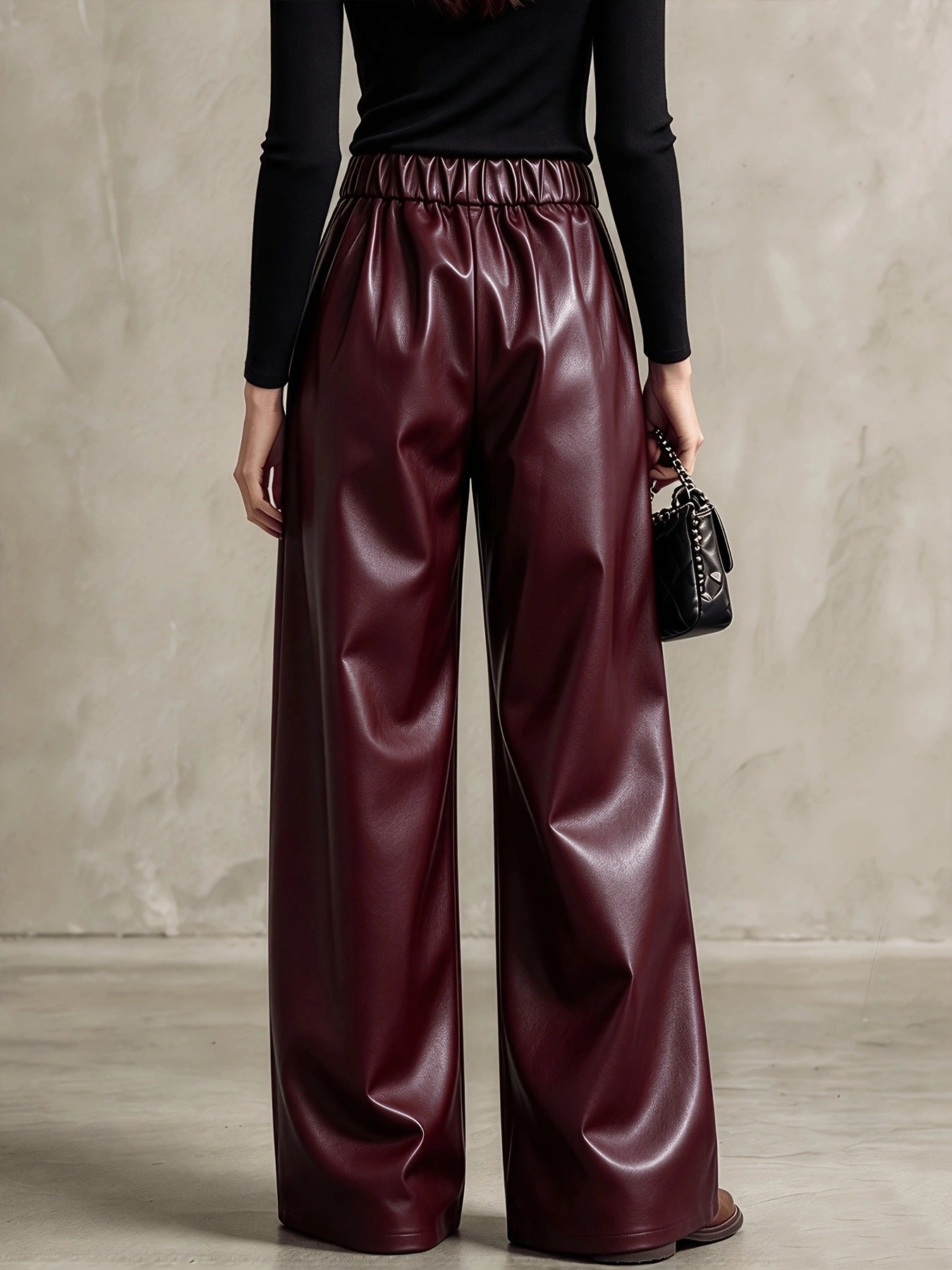 High Waist Loose Waist Faux Leather Casual Trousers