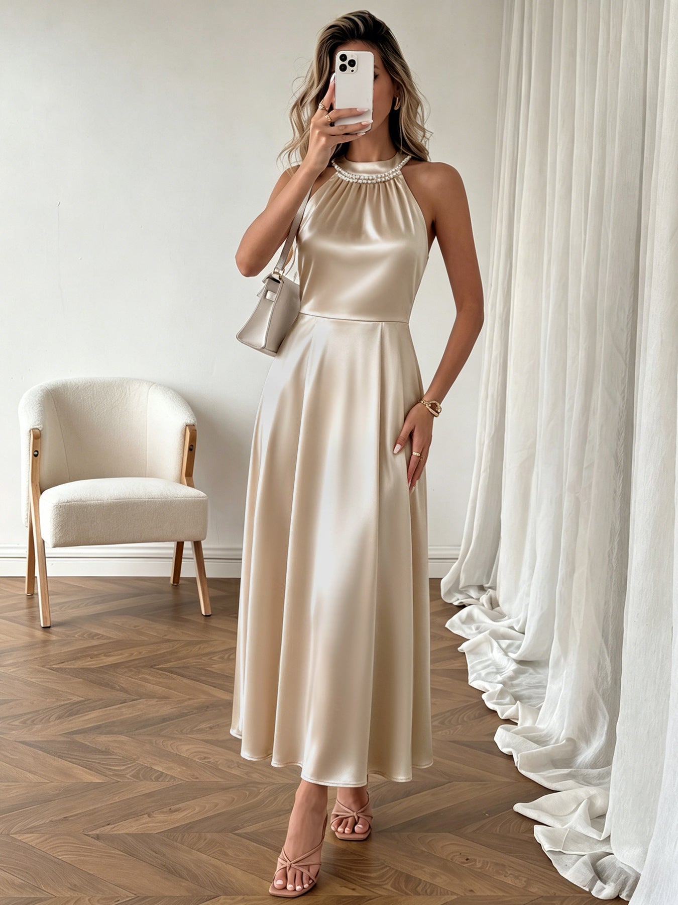 Luxury Champagne Satin Halter Beaded Collar Dress