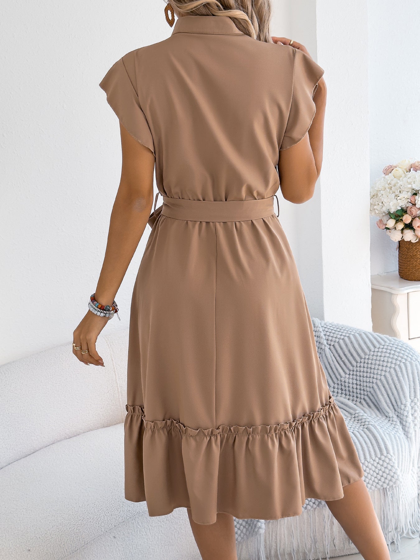 Summer Casual Stand Collar Ruffle Lace up Dress