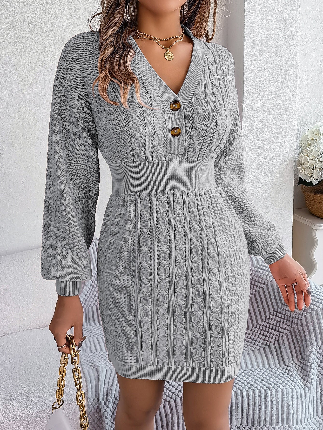 Winter Button V Neck Twist Lantern Sweater Dress - Venus Trendy Fashion Online