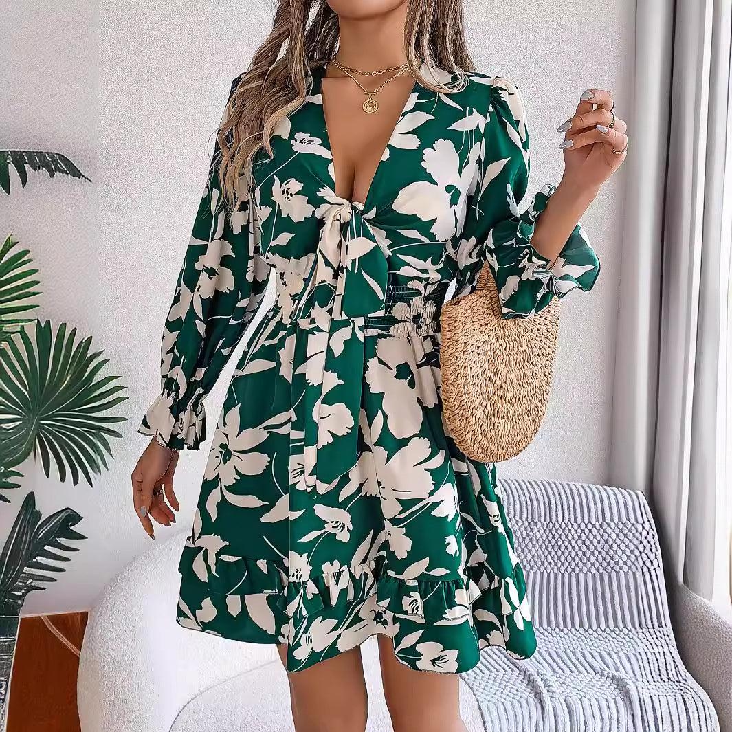 Casual Floral Lace up Long Sleeve Dress - Venus Trendy Fashion Online