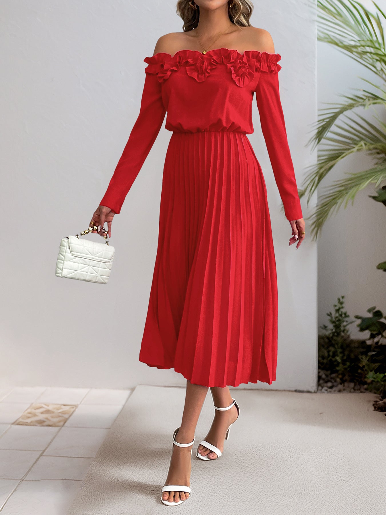 Elegant Sweet off Shoulder Long Sleeve Solid Color Dress