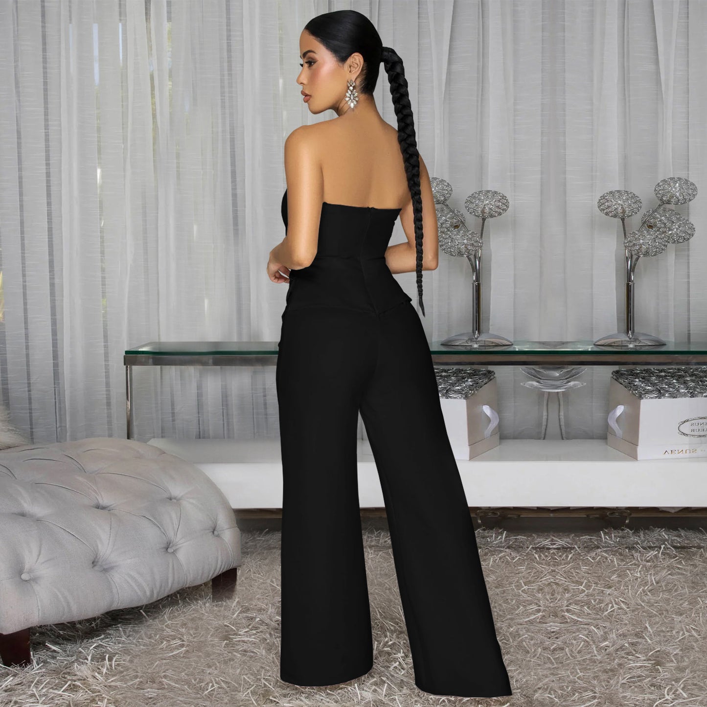 Women Sexy Tube Top Backless Casual Wide Leg Jumpsuit