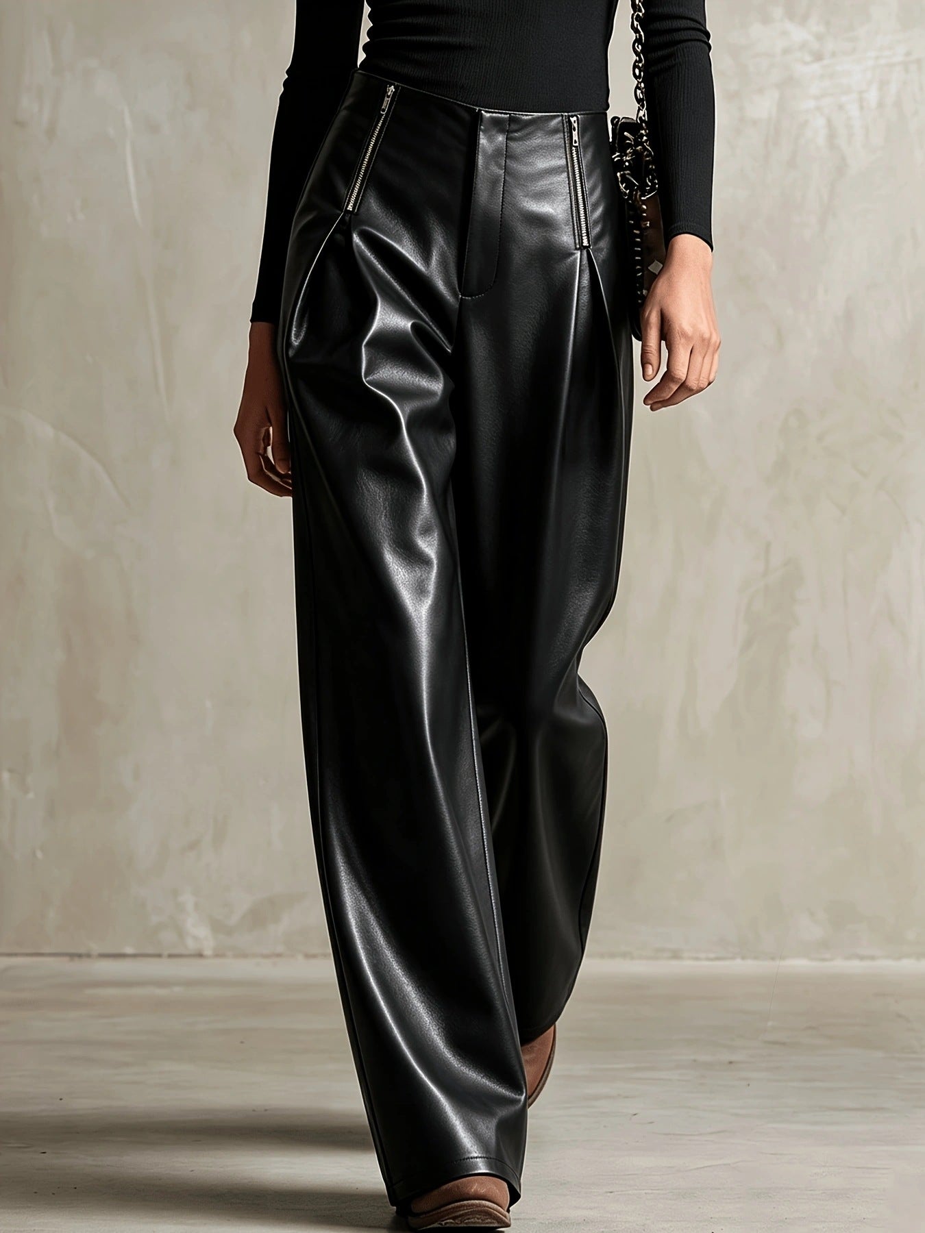 High Waist Loose Waist Faux Leather Casual Trousers