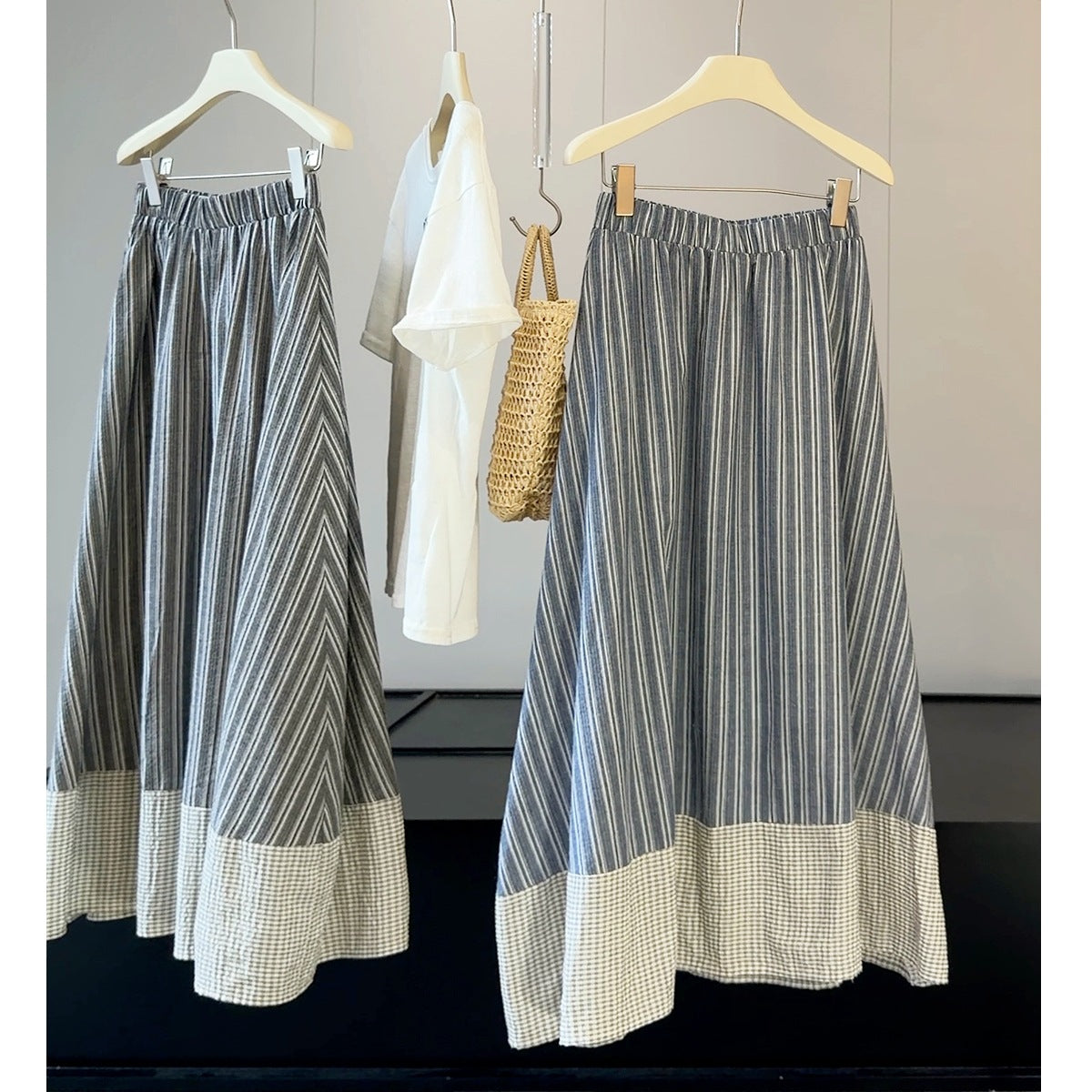 Retro Plaid Stitching Striped Skirt