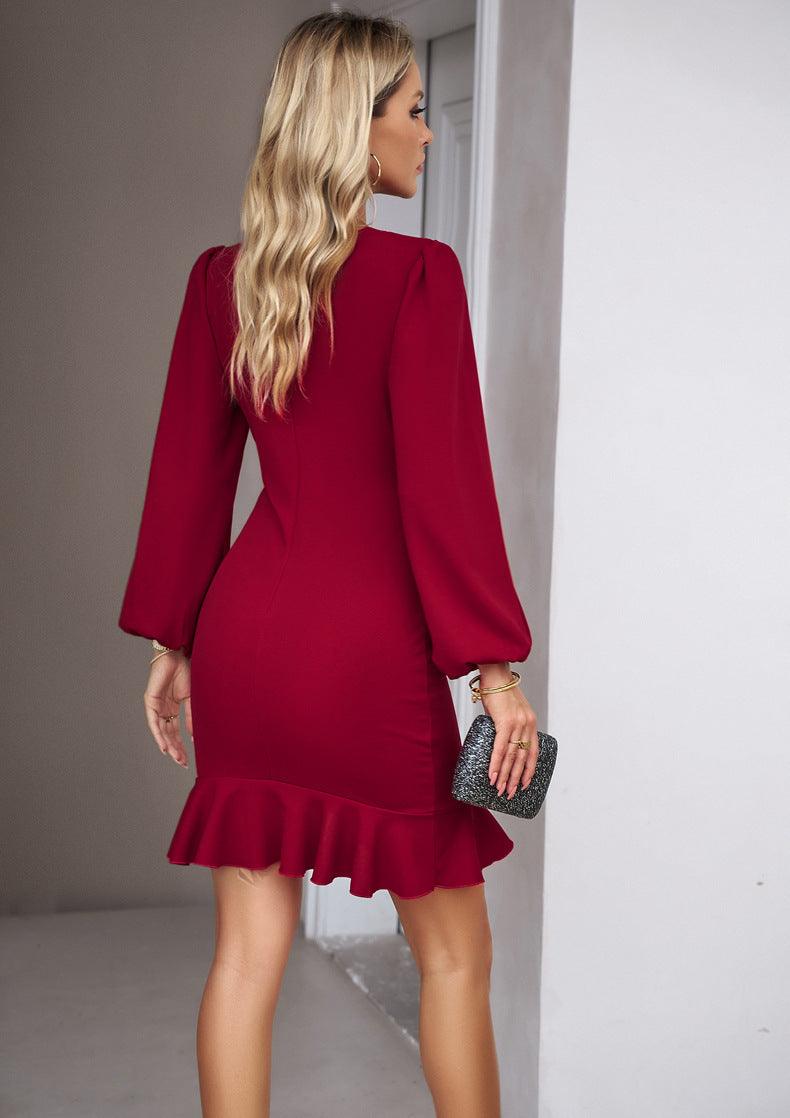 Autumn Winter Women Graceful Puff Sleeve Solid Color Dress - Venus Trendy Fashion Online