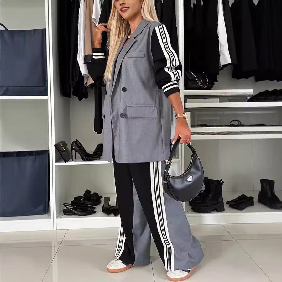 Long Sleeve Stitching Casual Loose Two Piece Suit
