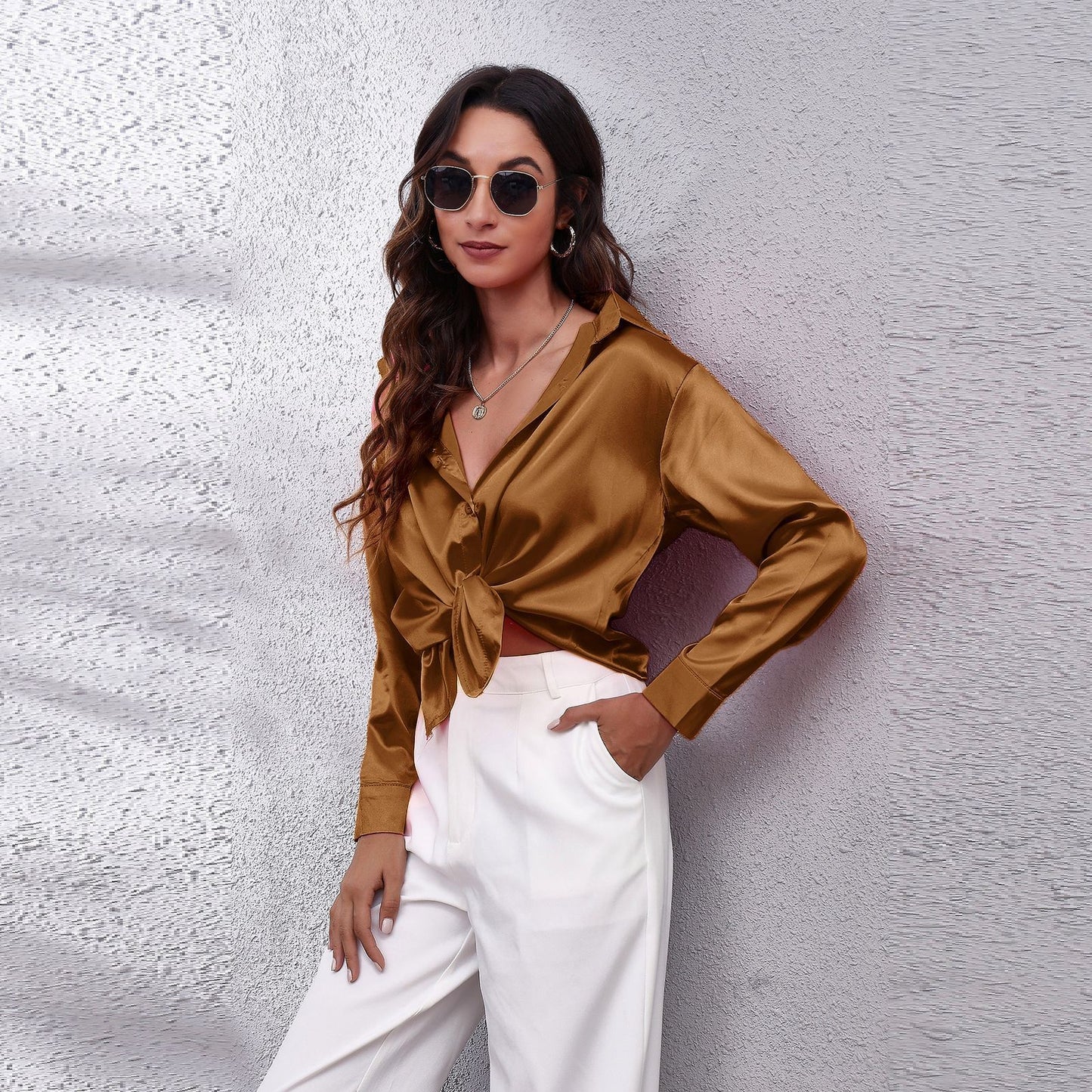 Popular Satin Women Long Sleeve Shirt