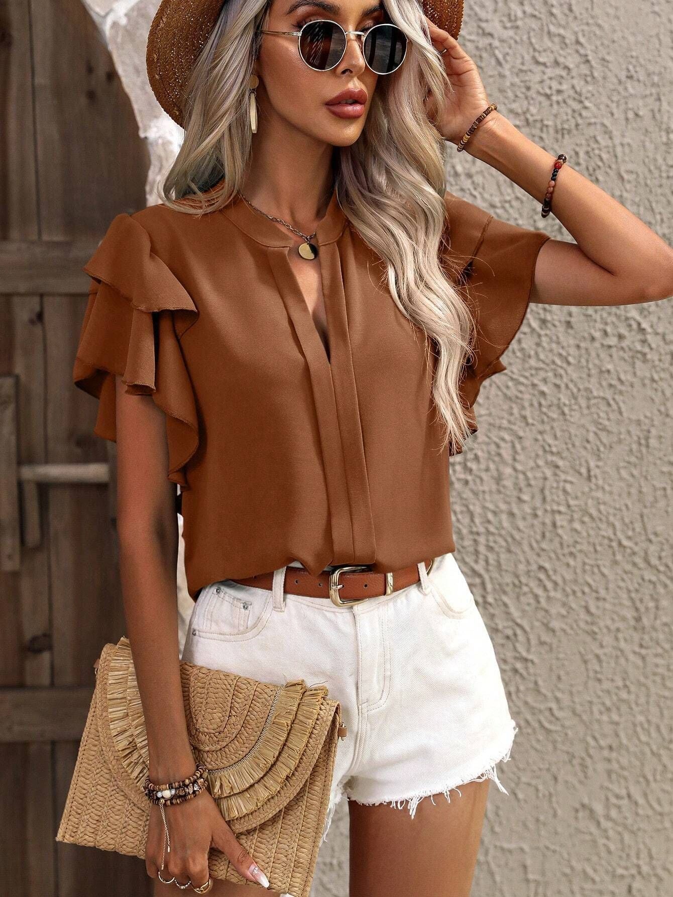 Summer V neck Casual Double Layer Ruffle Sleeve Shirt