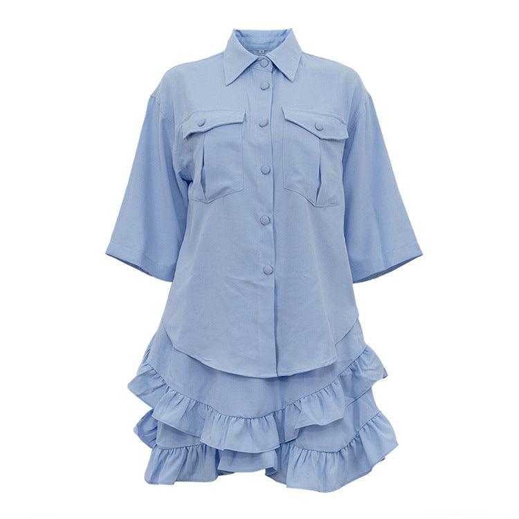 Collared Shirt Elegant Ruffle Tiered Skirt Set