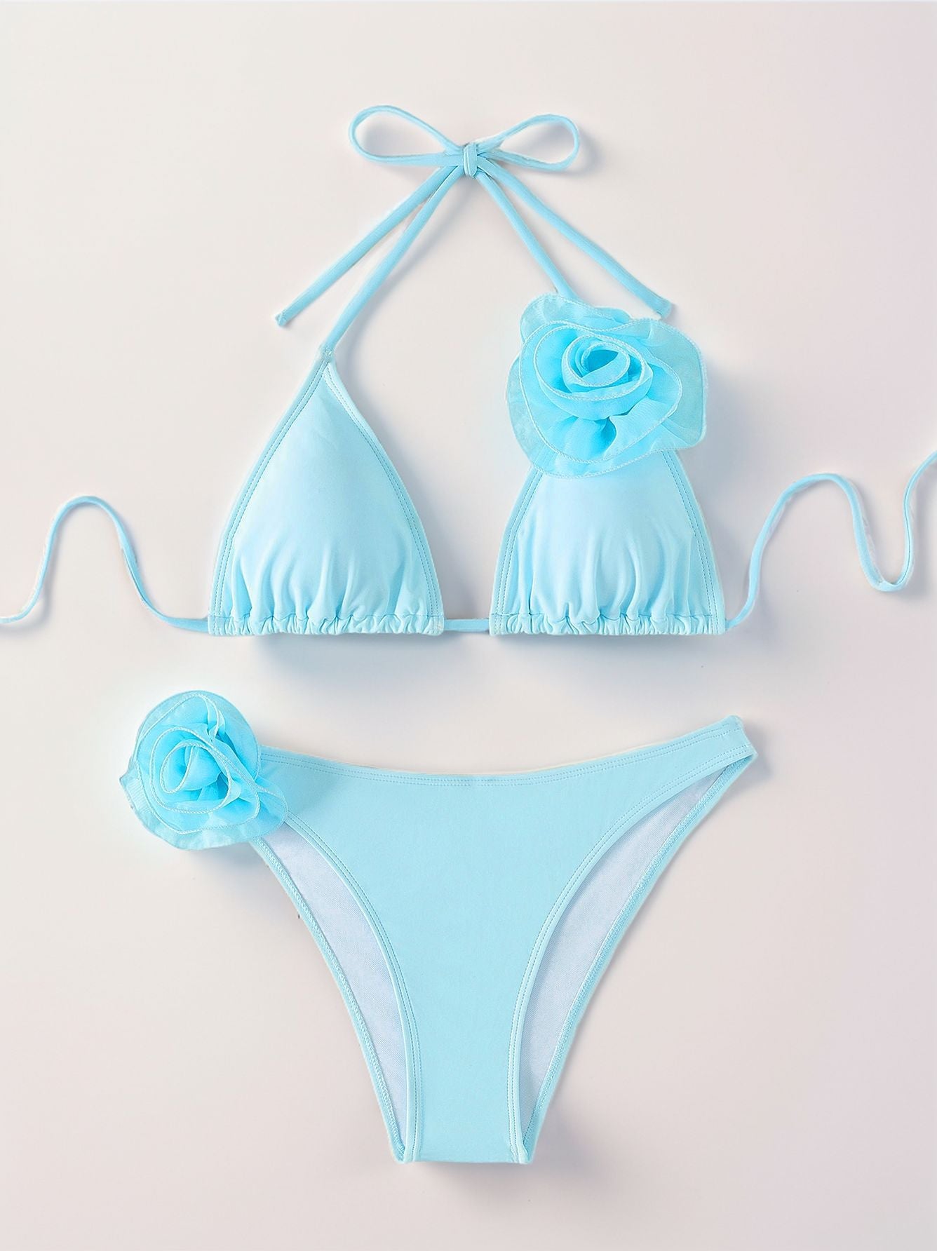 Women Solid Color Triangle Cup Floral Backless Swimsuit