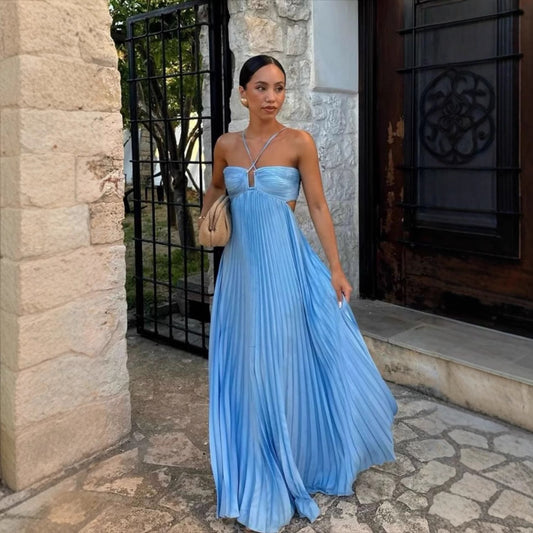 Summer Solid Color Tube Top Pleated Sleeveless Sling Dress