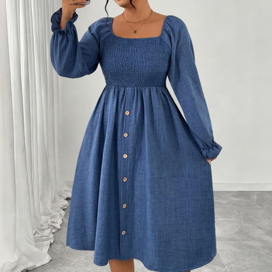 High Waist Pleated Square Collar Button Long Sleeve Dress