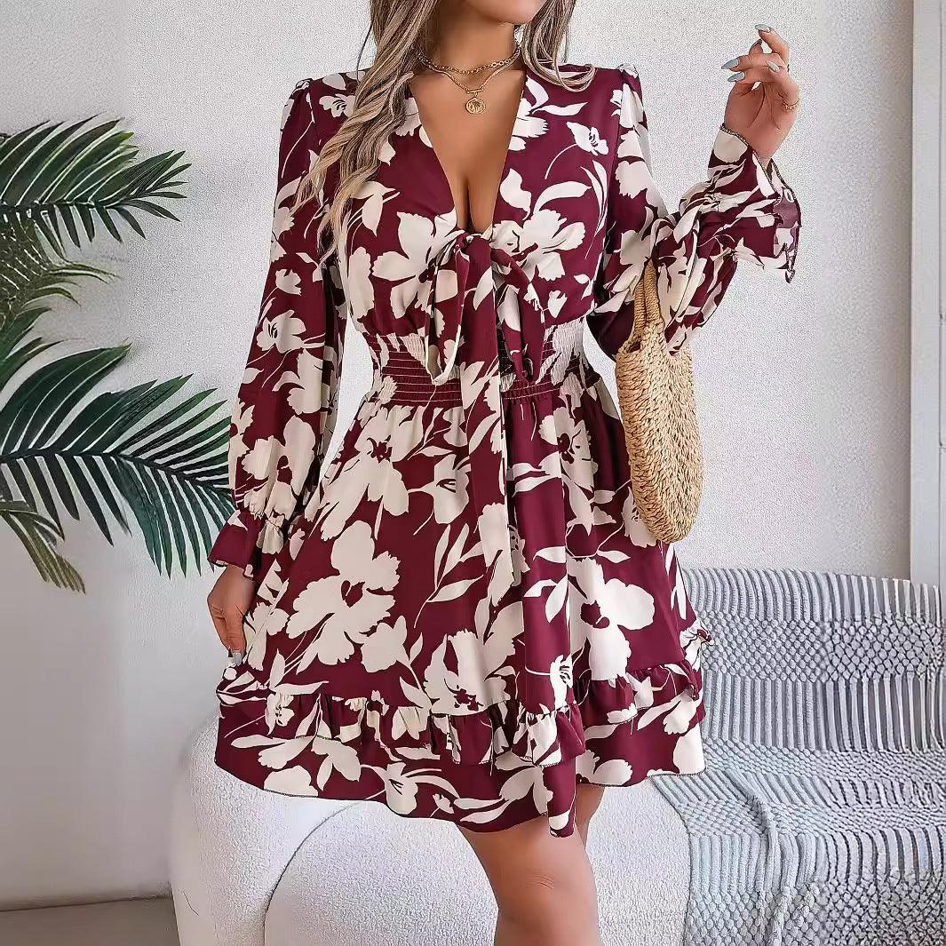 Casual Floral Lace up Long Sleeve Dress - Venus Trendy Fashion Online