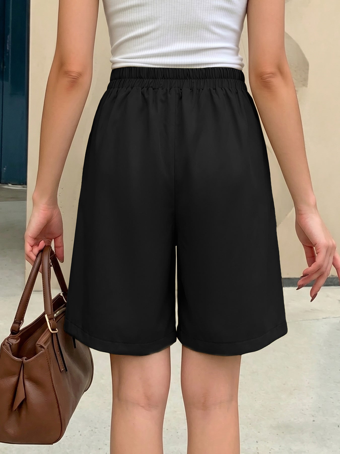 Casual Office Solid Color Wide Leg Pleated Shorts