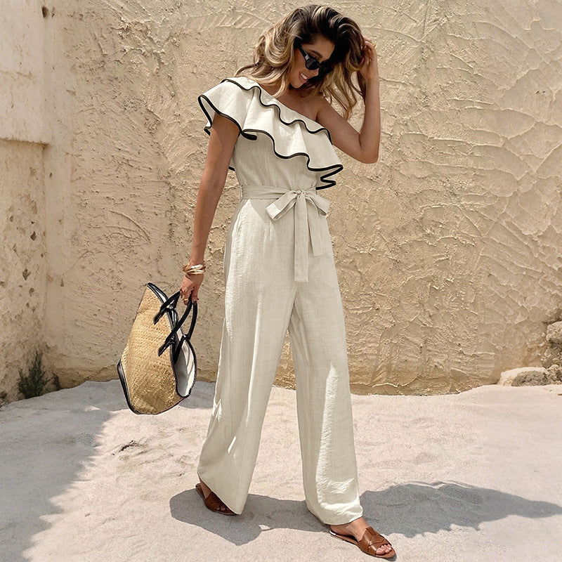 One Shoulder Ruffled Fitted Waist Jumpsuit